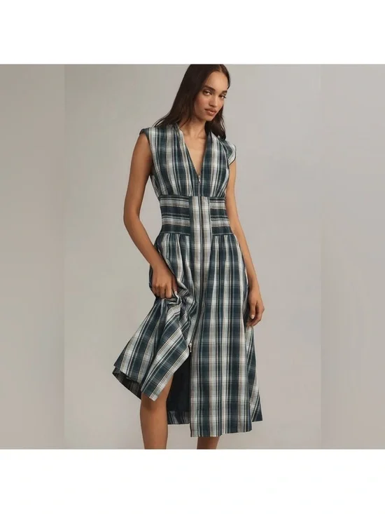 The Tommie Midi Dress Cap-sleeve Blue Plaid Zip-Front Pockets Anthropologie L - Picture 8 of 16